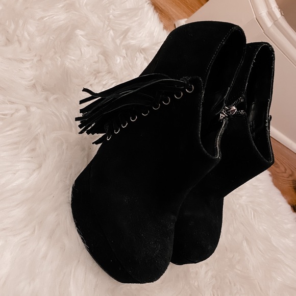 BEBE Black Suede Platform Fringe Ankle Booties 8 - Picture 14 of 16